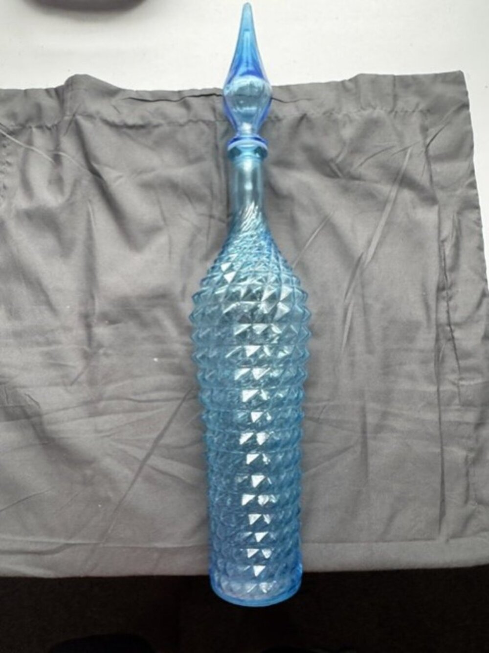 22" Italy Empoli Vintage Blue Diamond Glass Genie Bottle Pineapple Design Bottle